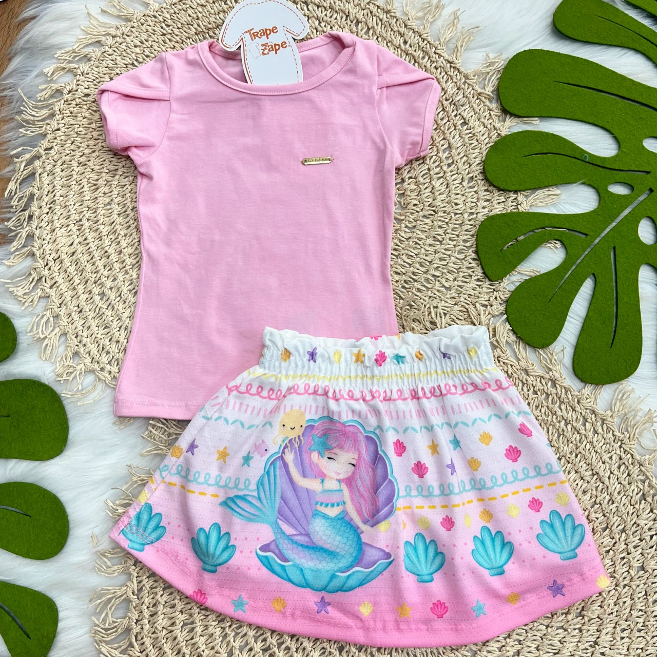 Conj Blusa Rosa e Saia Sereia 